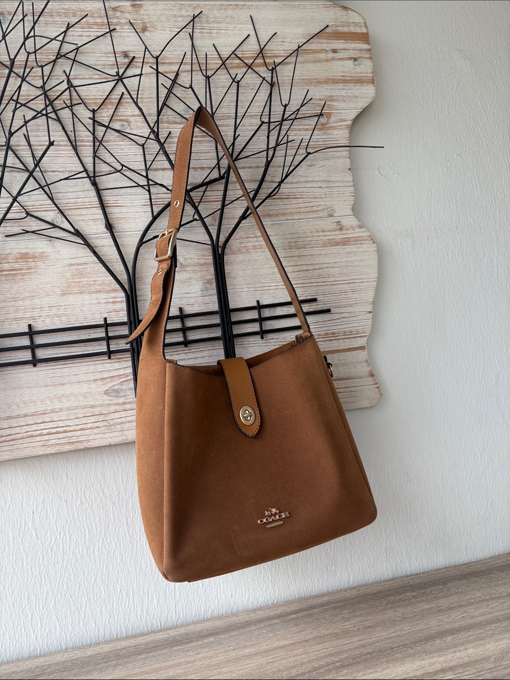 Coach Tan Suede Shoulder Bag with Turn-Lock Strap - Picture 1 of 16